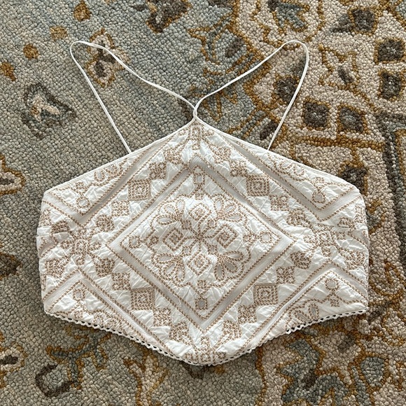 Anthropologie Boho Embroidered Neutral Coastal Festival Halter Crop Top Sz 12 - Picture 3 of 12